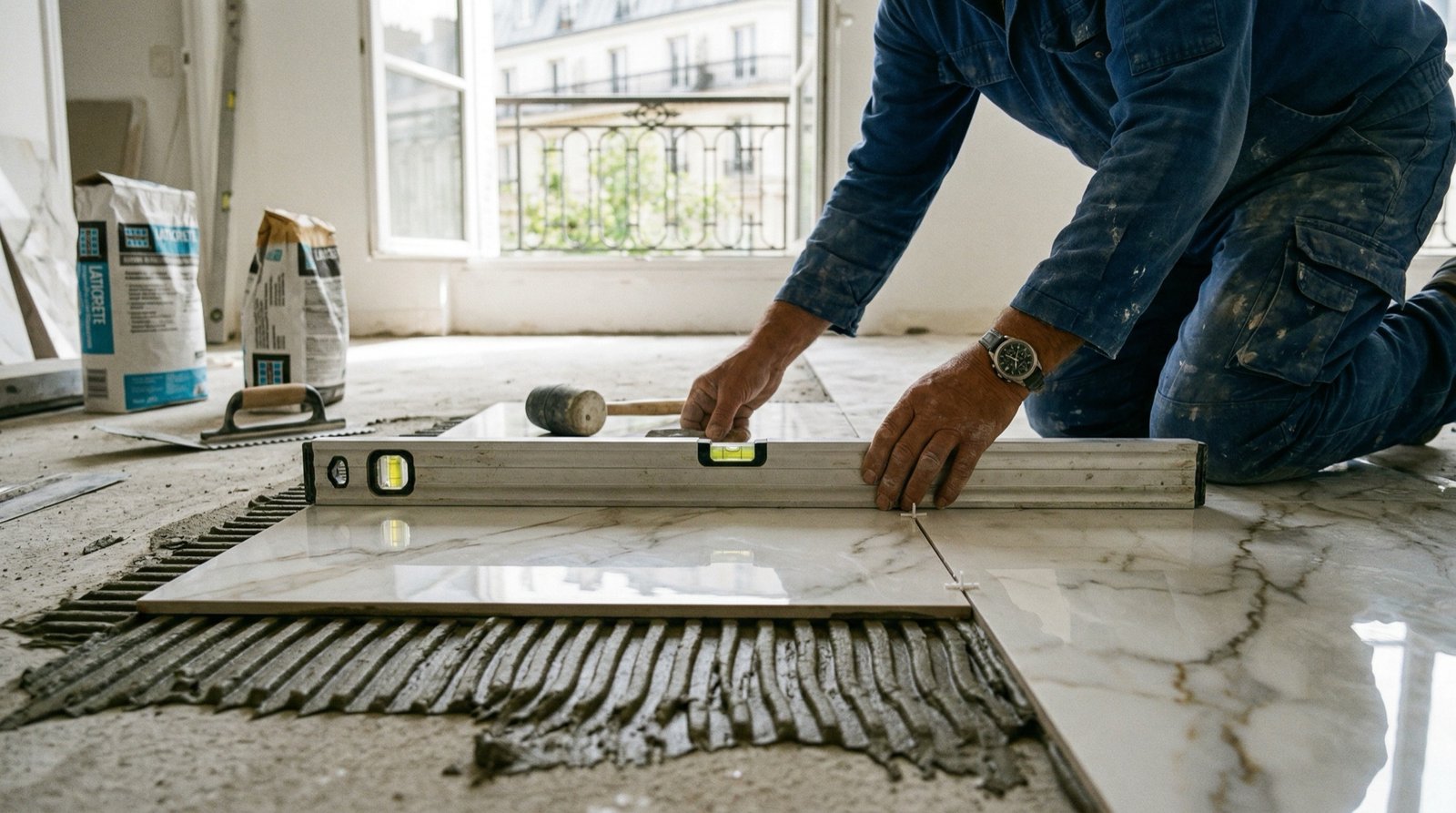 Large format porcelain stoneware tile installation in a Parisian living room