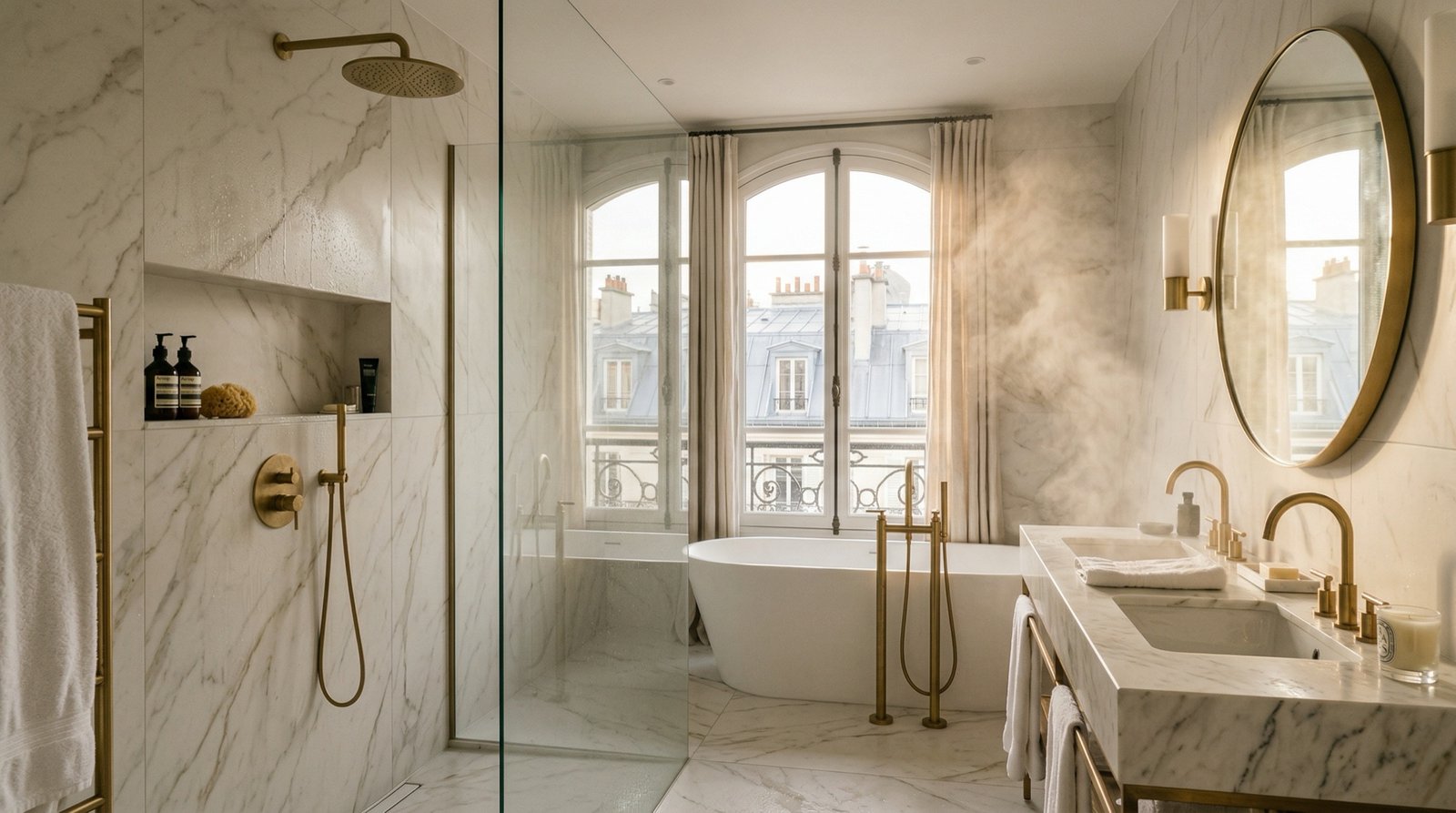 Bathroom clad in large format Calacatta marble-effect tiles