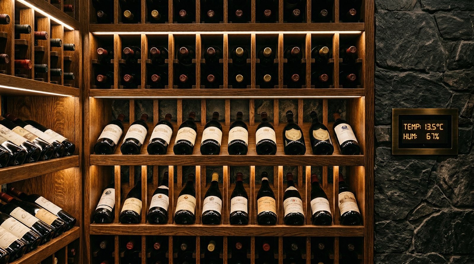 Custom wine cellar with solid oak racks and LED lighting