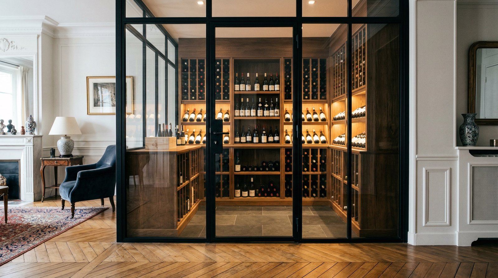 Insulated glazed door opening onto a climate-controlled wine cellar