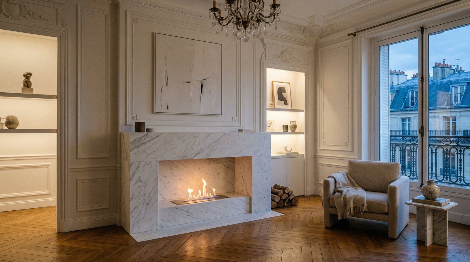 Contemporary Calacatta marble fireplace with bioethanol firebox
