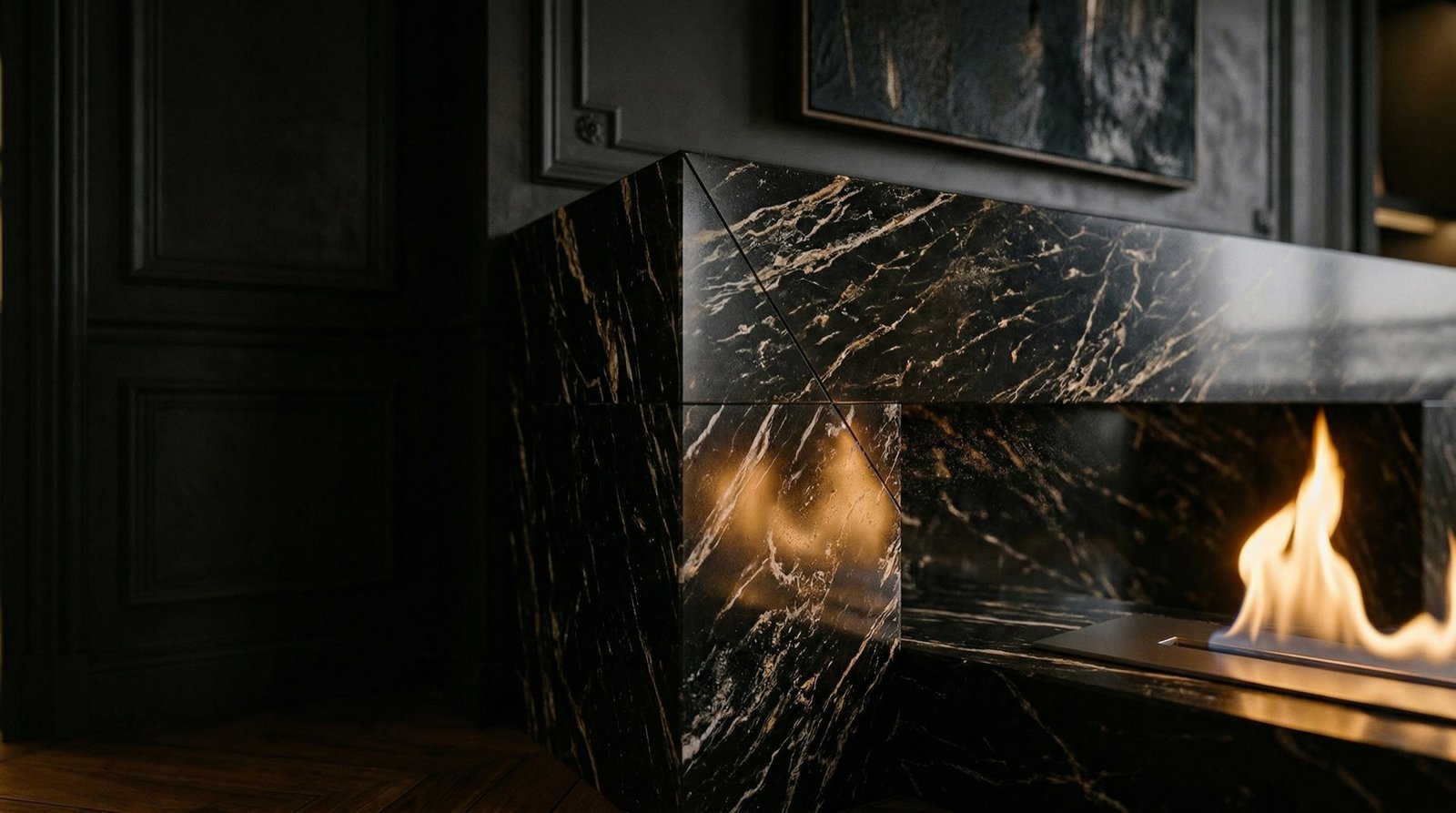 Nero Marquina marble fireplace surround in a contemporary living room
