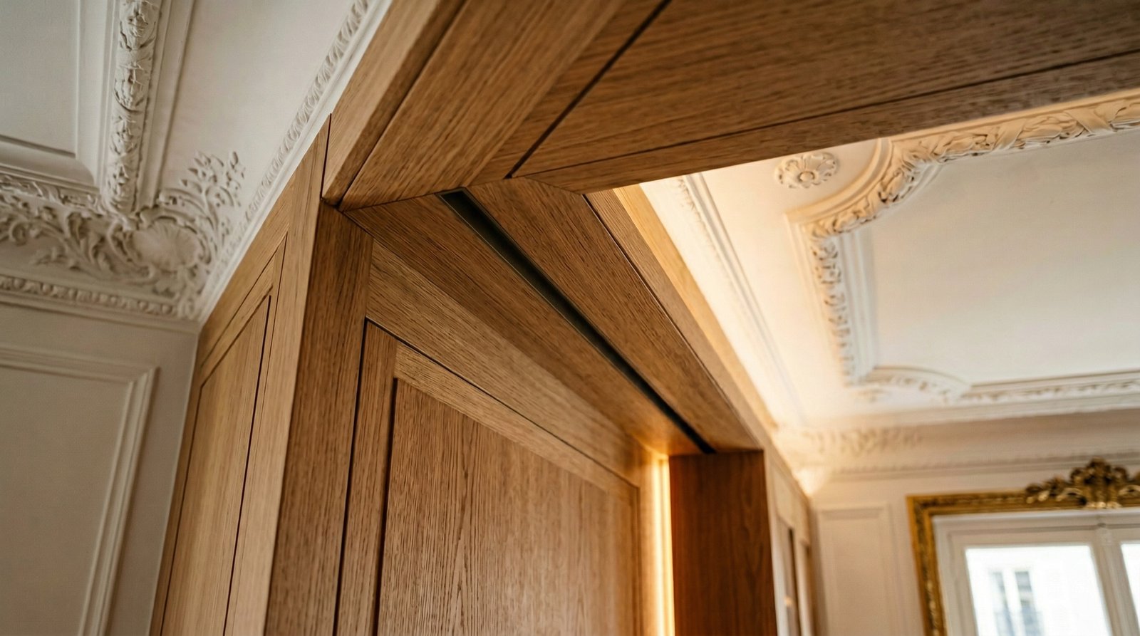 Discreet supply grille integrated into a Haussmann-era suspended ceiling