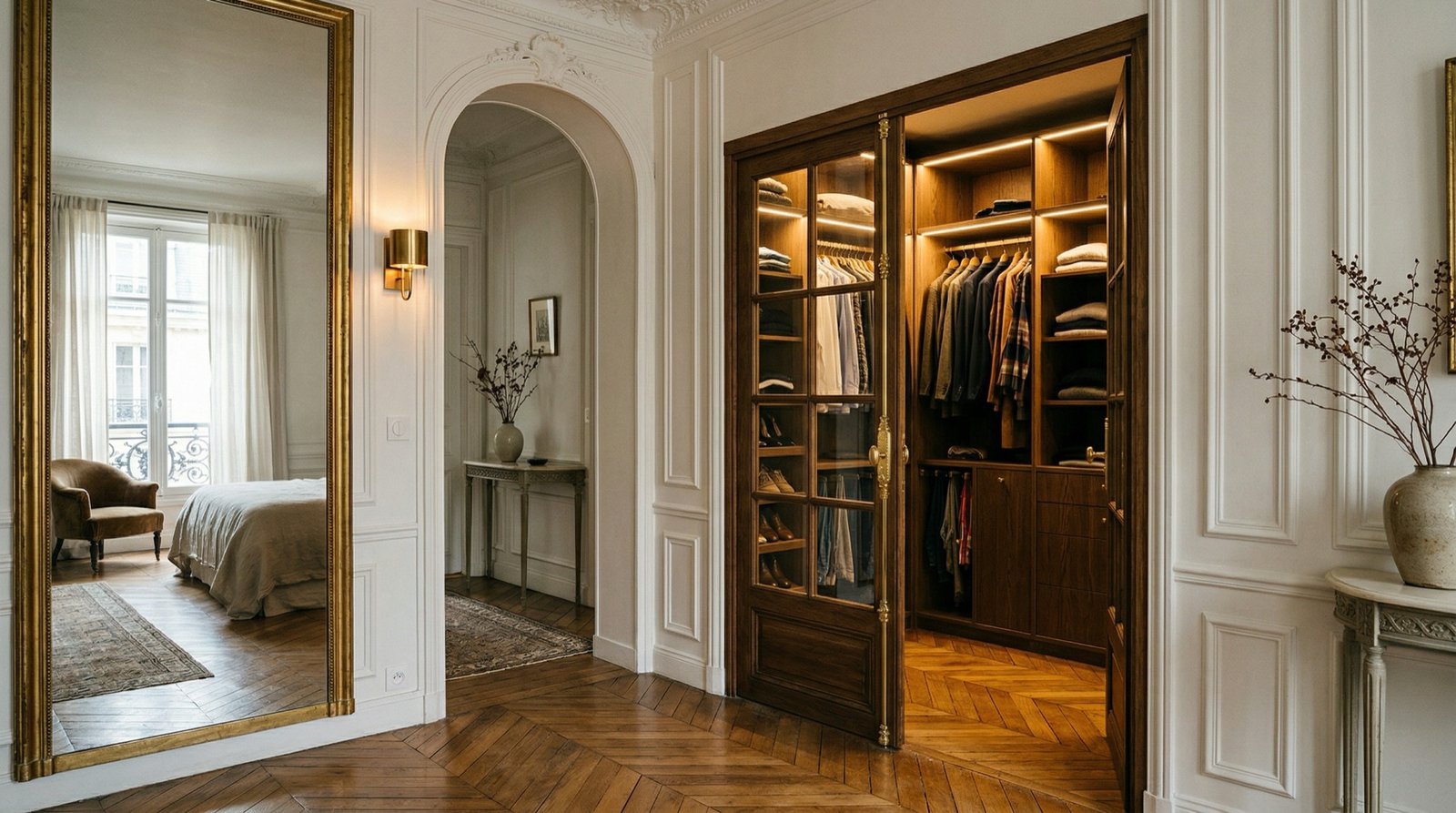 Custom walk-in closet in oak with integrated LED lighting