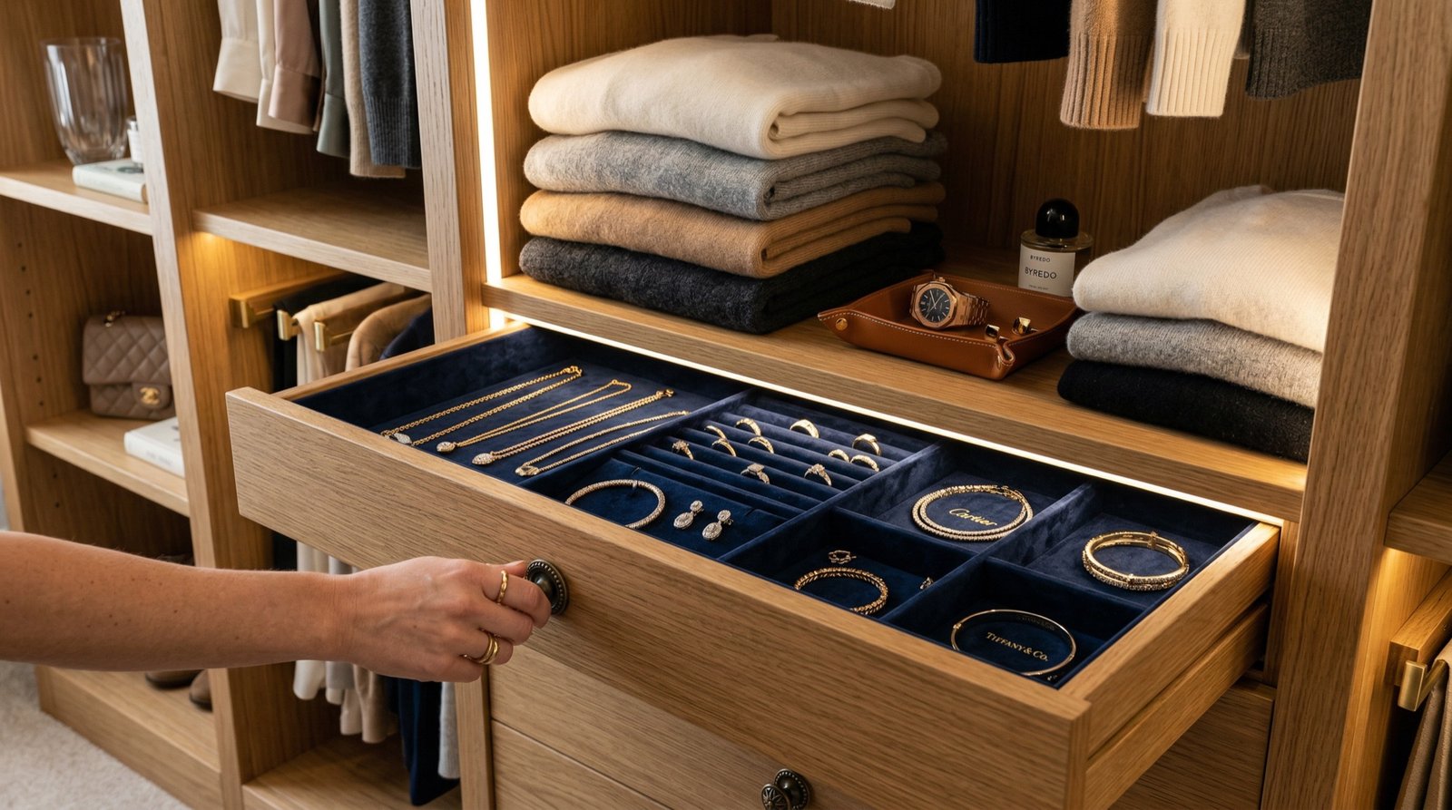 Walk-in closet interior with leather-lined drawers and integrated lighting