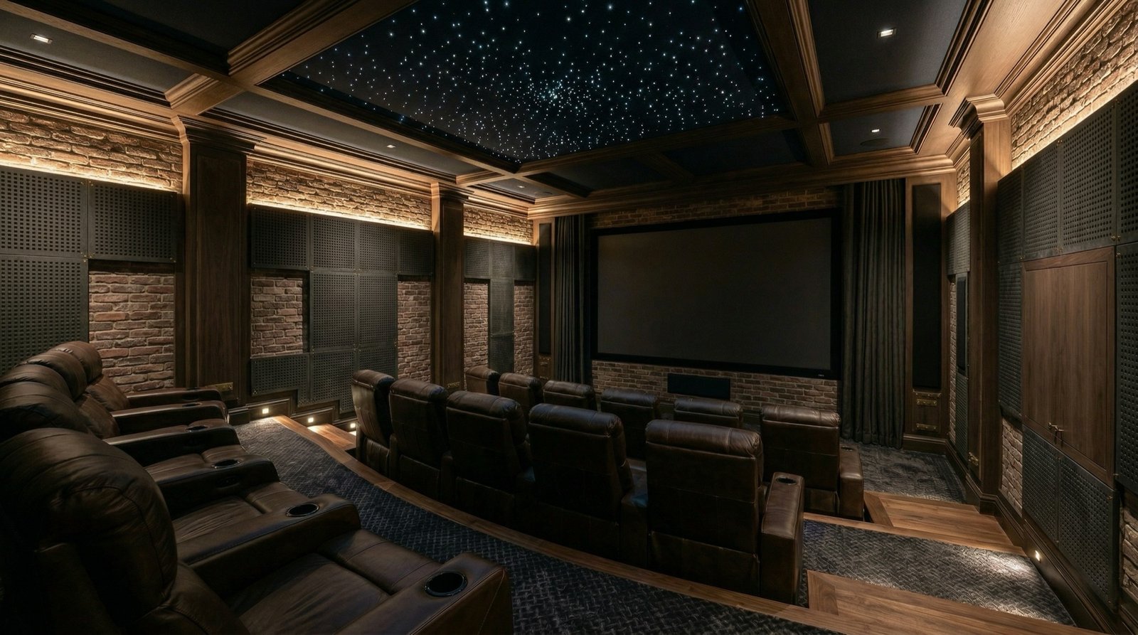 Private home cinema room with recessed screen and leather seating