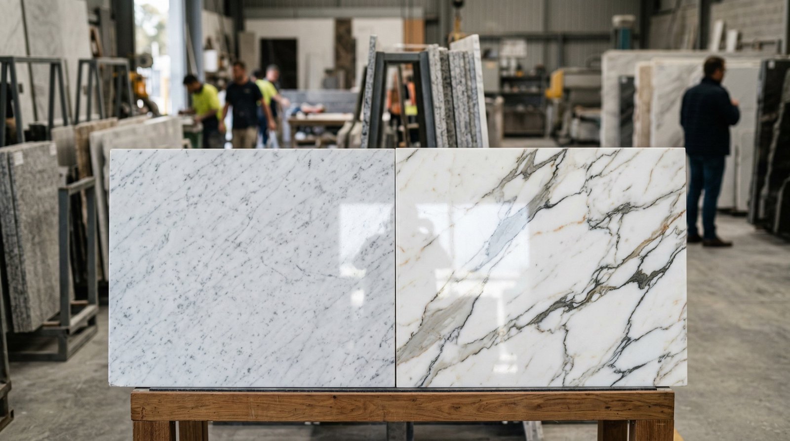 Selection of Calacatta marble slabs in a marble workshop