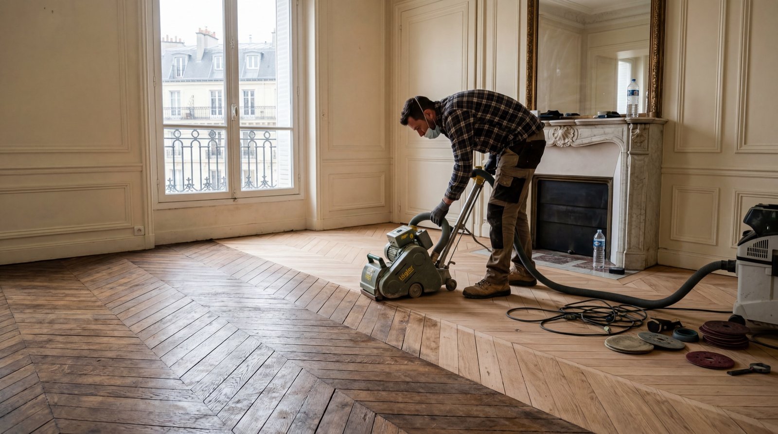 Sanding and varnishing antique parquet in a Parisian apartment