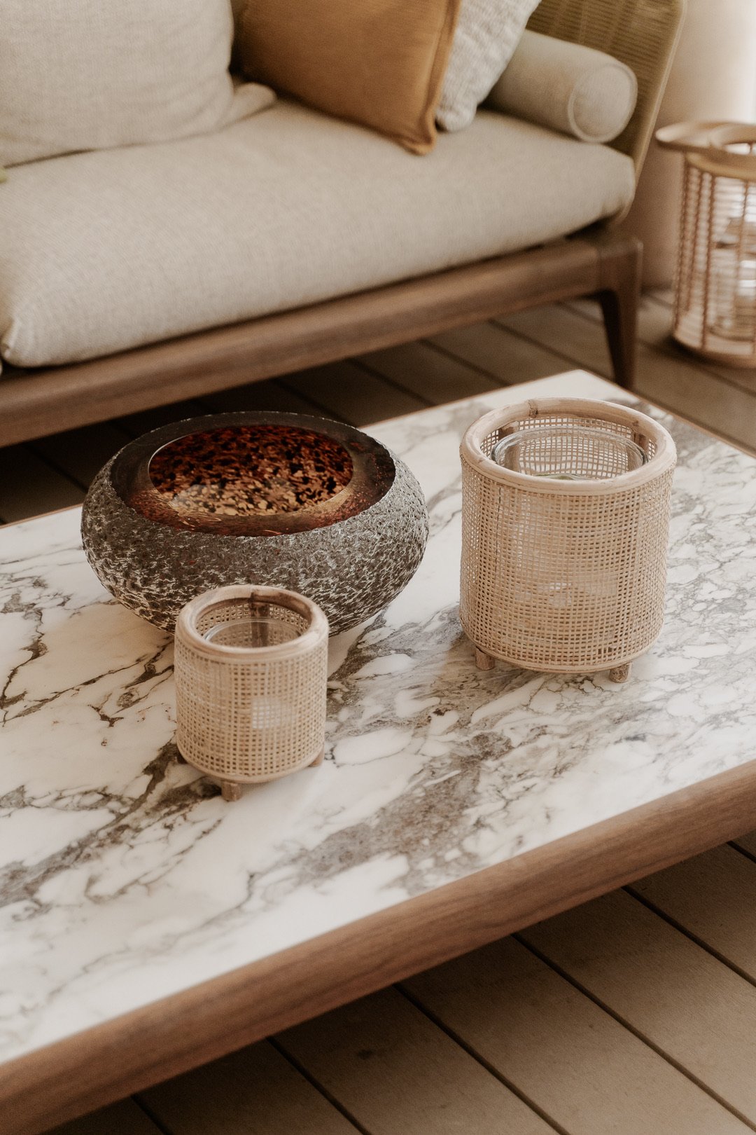 White marble and cane coffee table — Paris 7th
