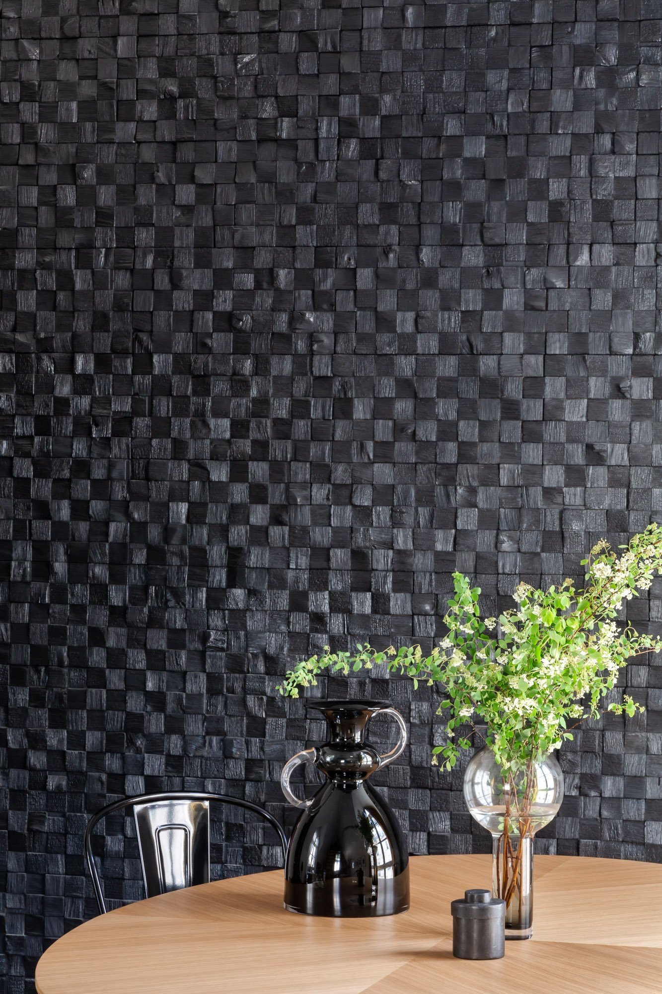 Shou sugi ban charred wood wall detail — Le Marais