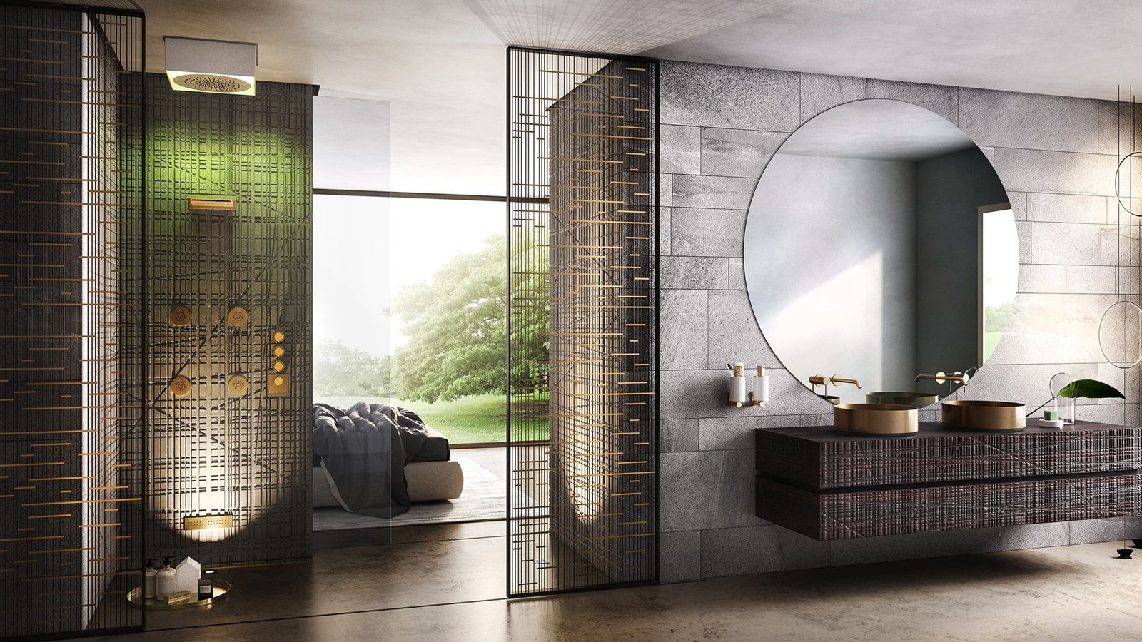 Gessi fixtures in brushed copper finish in a designer bathroom