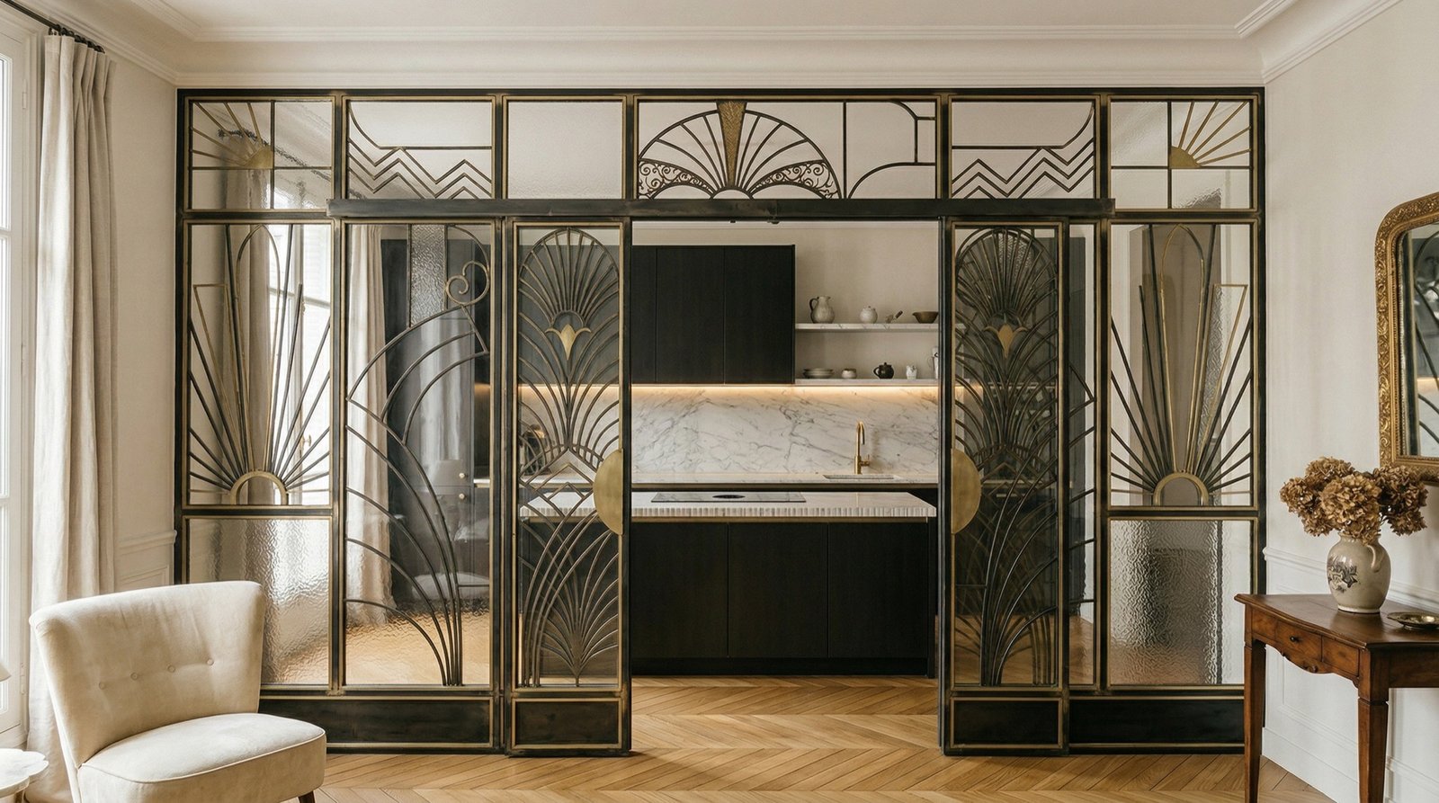 Restored wrought iron railing in a Haussmann-era Parisian staircase