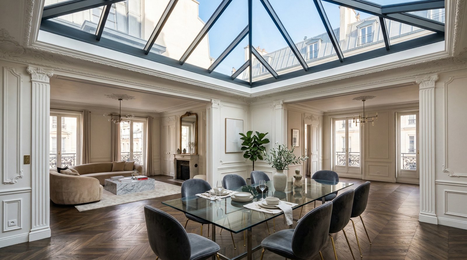 Brushed brass staircase handrail in a contemporary Parisian apartment